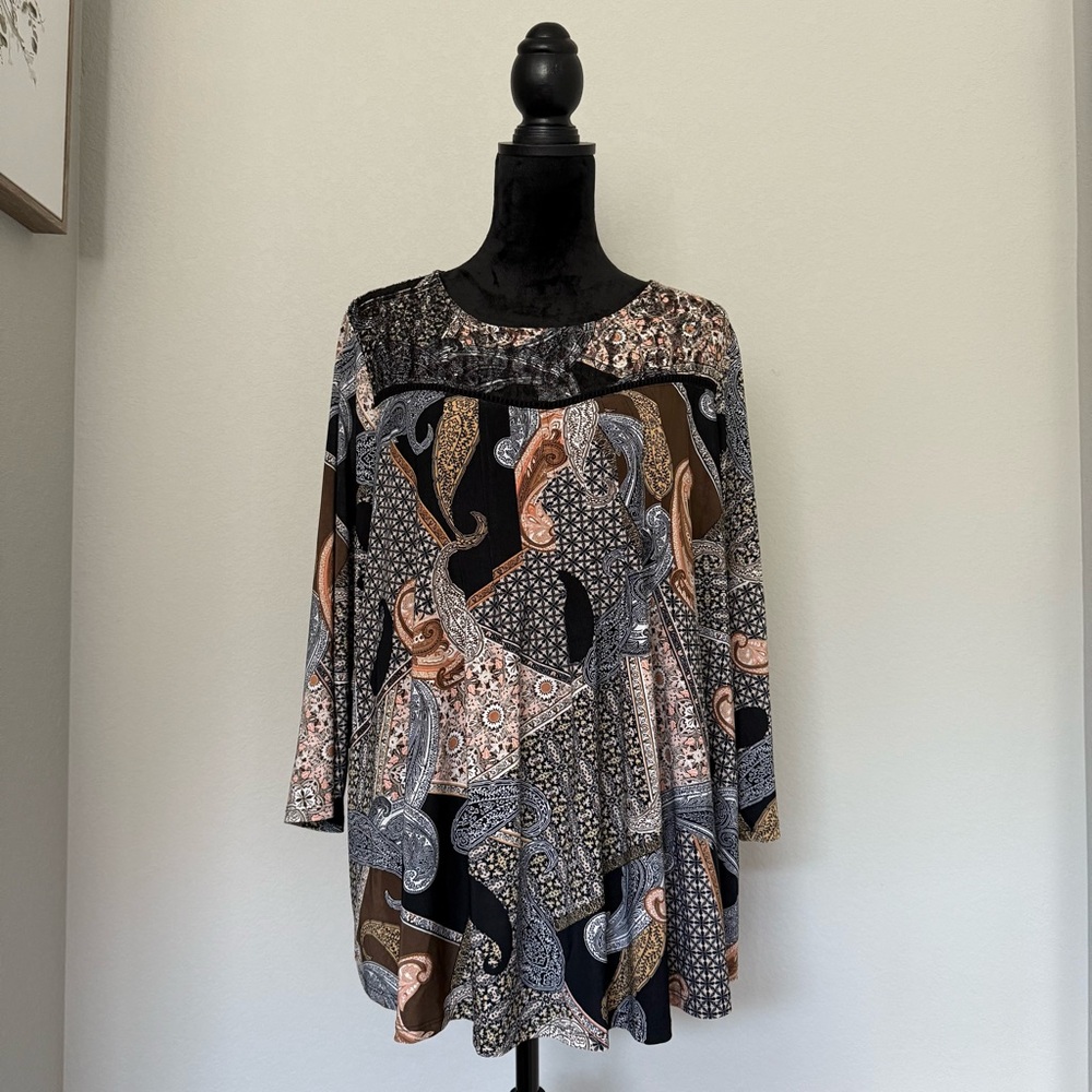 Cocomo Boho Patchwork Paisley Print Tunic Top 3/4 Sleeve Plus size 2X